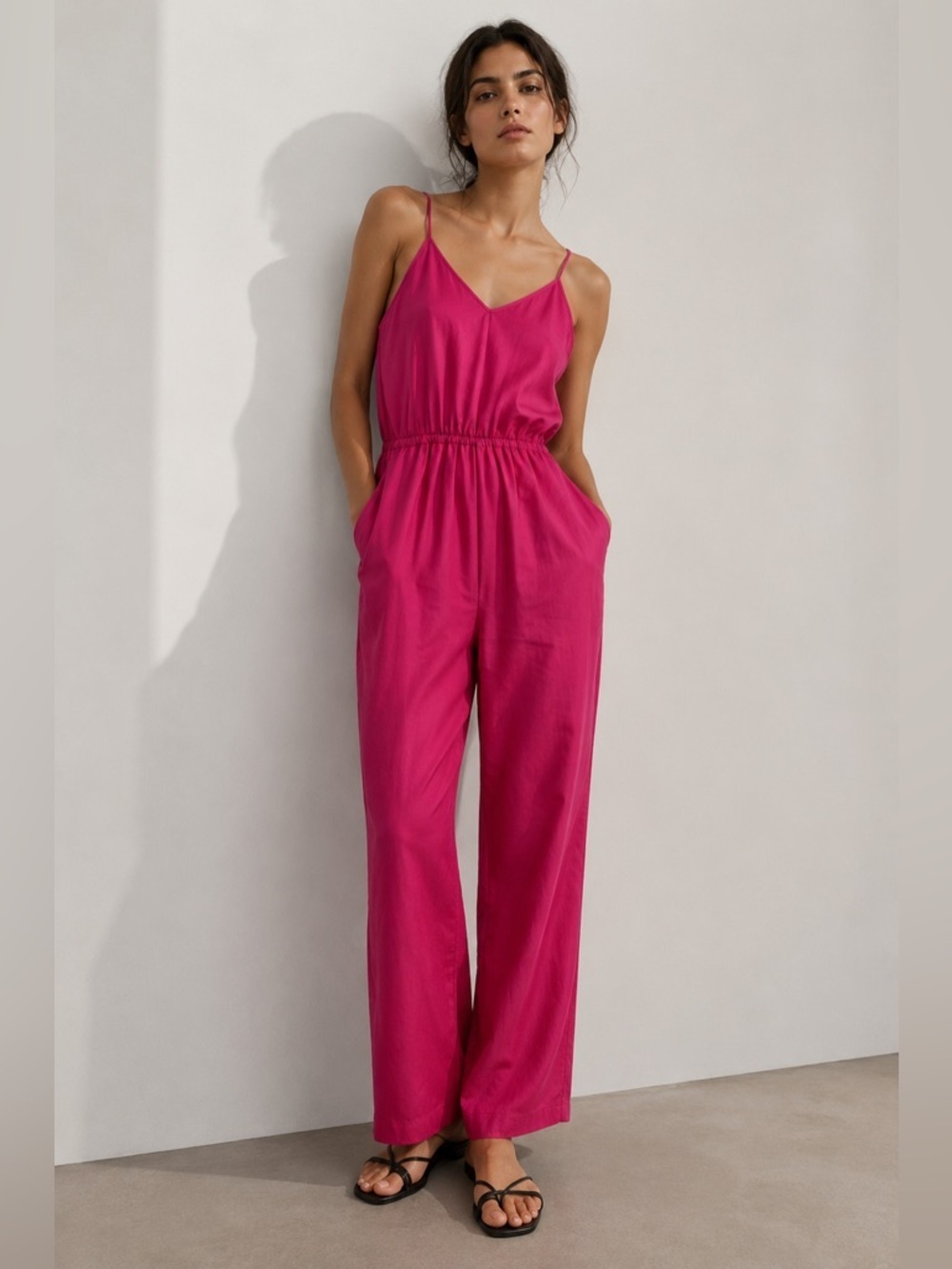 Hot Pink Spaghetti Strap Sleeveless Jumpsuit with Pockets – Size M